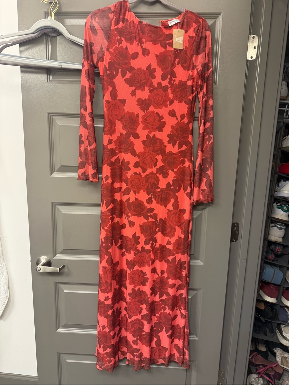 vestique Red Floral Maxi Dress with Long Sleeves